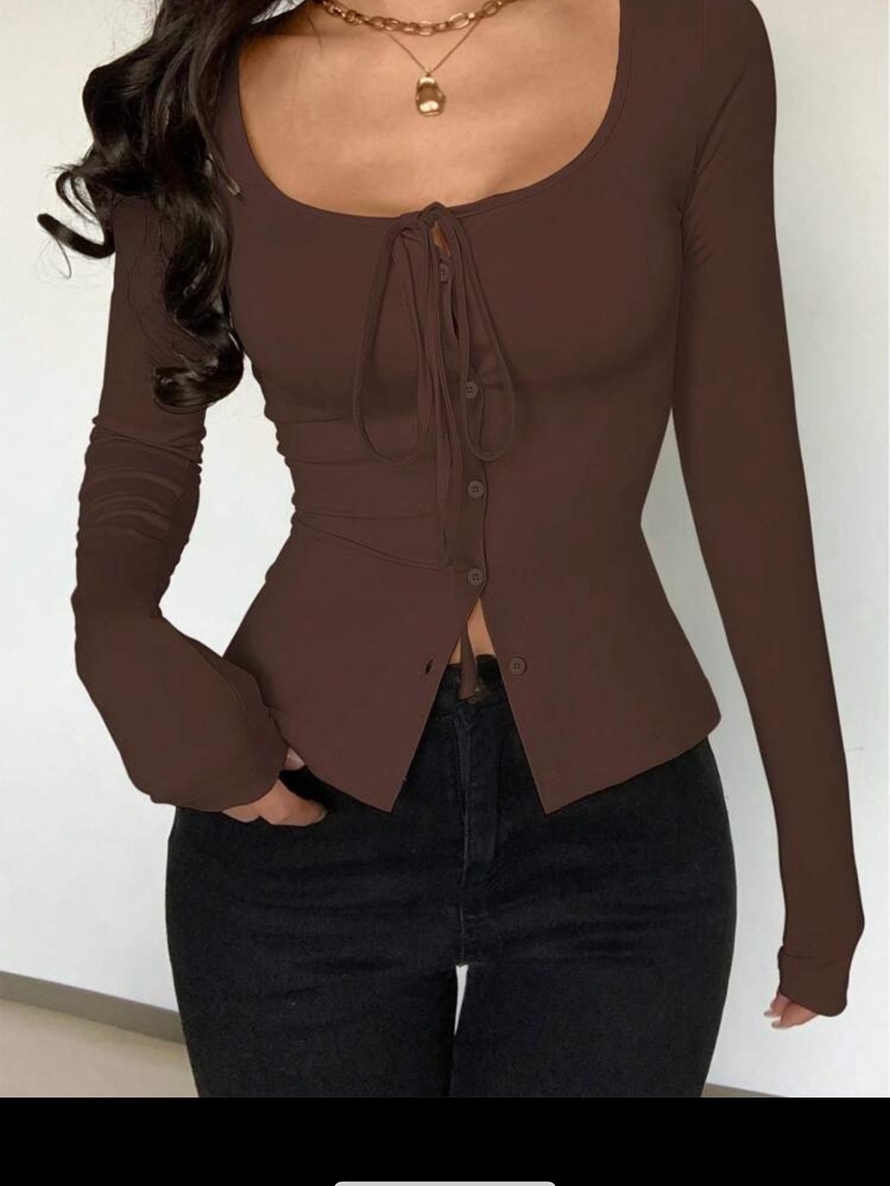 Brown Tie-Front Scoop Neck Long Sleeve Top